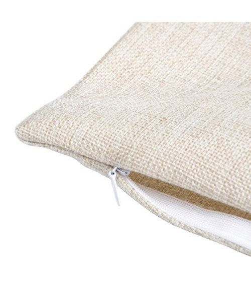 Tan canvas material pillow with a hidden white zipper.