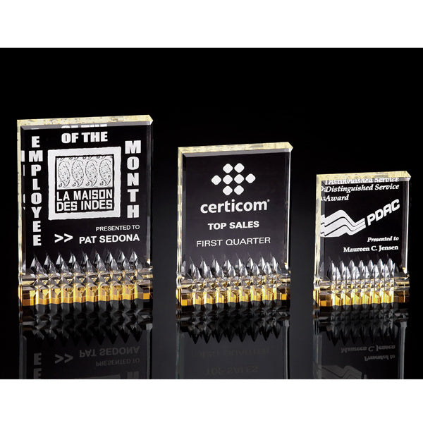 Large, medium, and small engraved rectangle shaped acrylic awards with a diamond design and gold bottom that shines throughout.