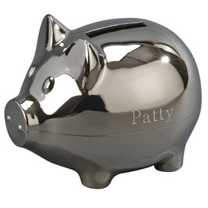 Shiny silver metal piggy bank featuring a coin slot at the top and the name "Patty" engraved on the left hand side.