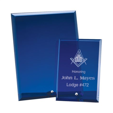 Standing blue see through plaques engraved with company logo and beveled on each side. Awards are rectangle shaped and features a silver stand at the bottom.