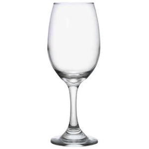 Large wine glass with tapered bowl that is more slender near the rim than it is at the stem.