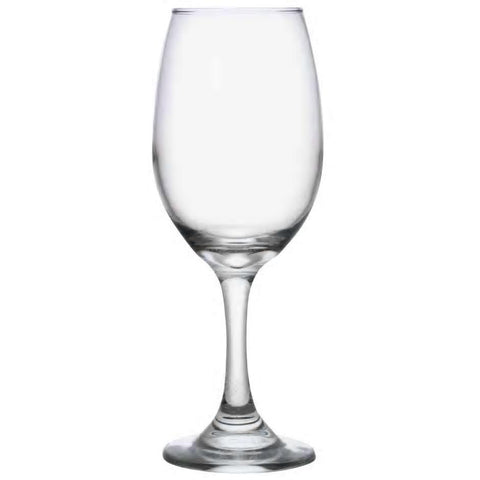 Large wine glass with tapered bowl that is more slender near the rim than it is at the stem.