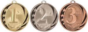 2" gold, silver, and bronze medals with first, second and third place design on the front of each