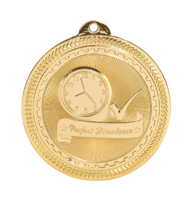 Gold medal featuring a large clock, a check mark and a banner that says "Perfect Attendance" with two stars on the end