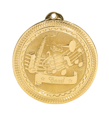 Gold music medal featuring a treble clef, music notes, a trombone, a saxophone, and a banner that says "Band" one star on each end.