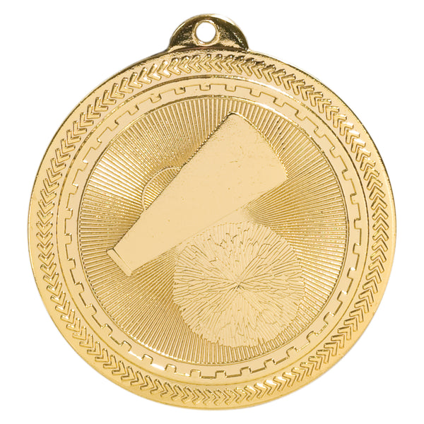 Gold cheerleading medal featuring a pom pom and a megaphone