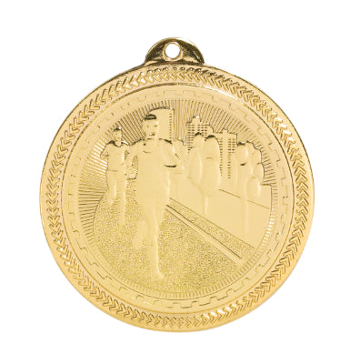 Gold cross country medal featuring two runners running on a sidewalk with a cityscape in the background.