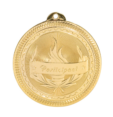 Gold participation medal featuring a wreath, victory flame, and a banner with the word "Participant" with one star at each end of the banner