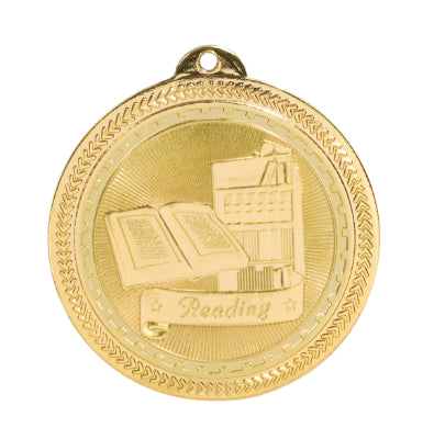 Gold reading medal featuring an open book, a bookshelf filled with books in the background, and banner at the bottom that says "Reading" with a star on each end.