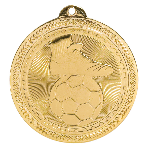 Gold soccer medal featuring a soccer ball with a cleat on top stopping the ball.