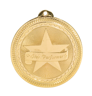 Gold participation medal featuring a large star in the middle with a banner over it that says "Star Performer" with one small star at each end of the banner.