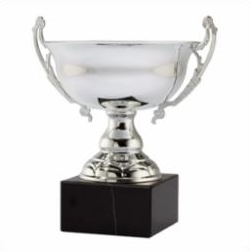 Large shiny silver wide cup trophy features a black square marble base with a large bowl sitting on a thick short stem. Two handles are attached, one on each side.