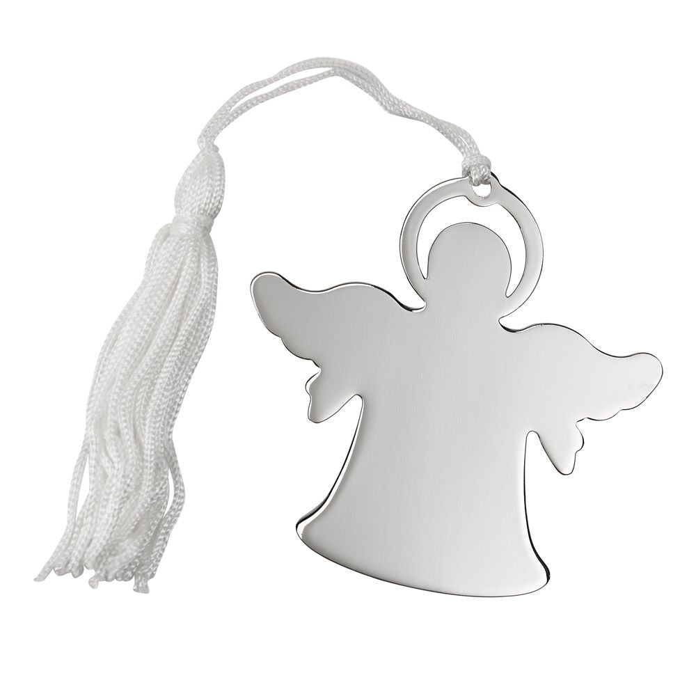 Shiny silver angel shaped ornament with  white string and tassel for hanging. The silver angel is flat and can be engraved with a message or monogram.