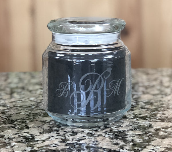 Monogram engraved apothecary jar with lid.
