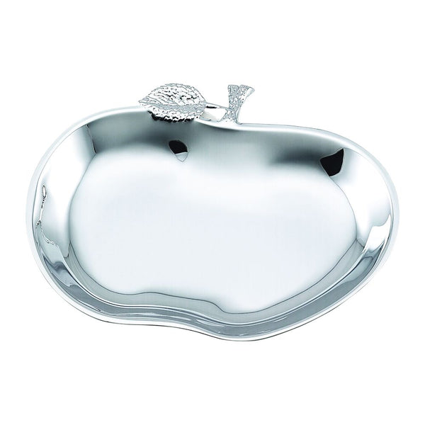 Shiny silver apple shaped tray featuring a stem and leaf at the top. The center can be engraved with a special message.