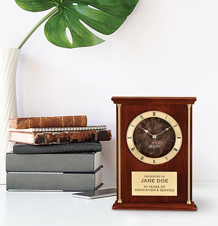 Bulova achievement clock with engraved plate