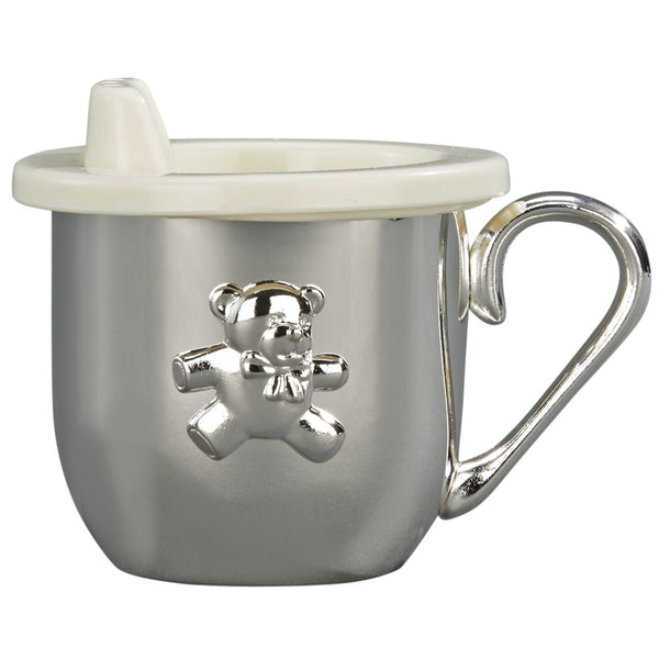 Silver metal baby sippy cup with a handle and a plastic lid. Sippy cup has a teddy bear design on the front and can be engraved on the back.