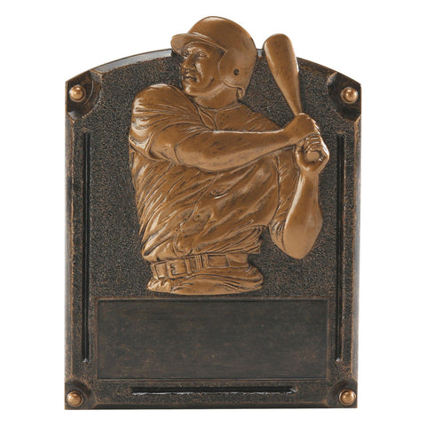 Bronze rectangle plaque shaped resin featuring a baseball player swinging his bat and an area for personalization at the top.