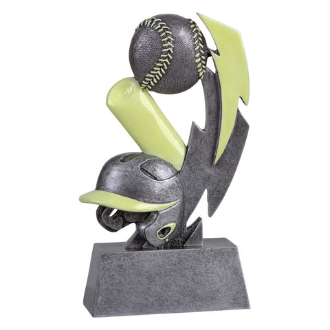 Silver and green glow in the dark baseball trophy featuring a rectangle base, baseball helmet, baseball bat, and baseball.