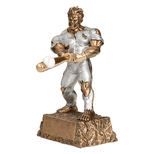Bronze hulk figure trophy featuring a monster busting out of his clothes and hitting a baseball.