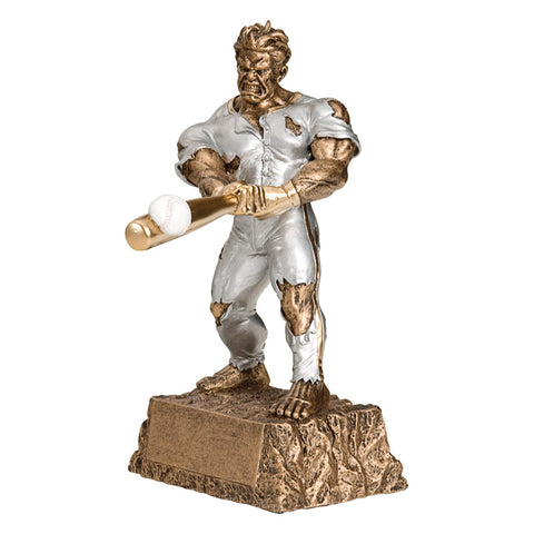 Bronze hulk figure trophy featuring a monster busting out of his clothes and hitting a baseball.