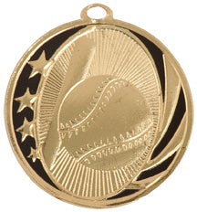 Gold and black baseball medal with stars, baseball, and baseball bat design