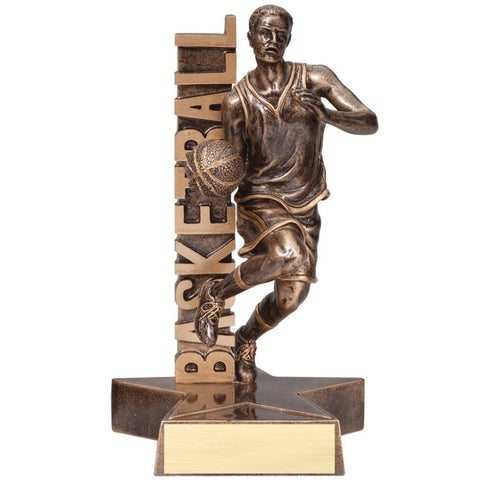 Bronze basketball trophy featuring a basketball player dribbling a basketball attached to a star shaped base with the word "BASKETBALL" displayed vertically.