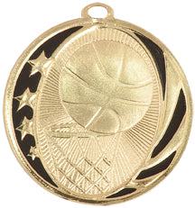 Gold and black basketball medal with stars, basketball, and basketball hoop design
