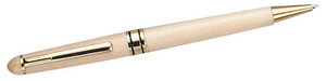Light wood pen featuring a gold tip, ring in the middle, and clip. Can be engraved with a name or monogram.