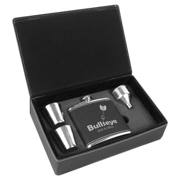 Personalized black faux leather flask and shot glass set.