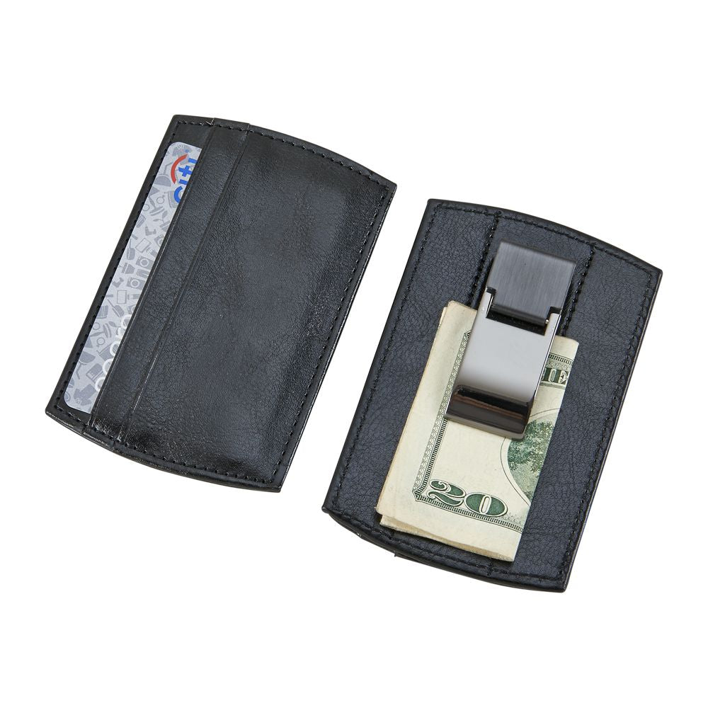 Black leatherette money clip featuring two card slots on the front and room for personalization. The back features a gunmetal money clip holding a twenty dollar bill.