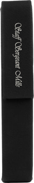 Black leatherette magnetic pen case engraved with a company logo in silver letters on the flap.