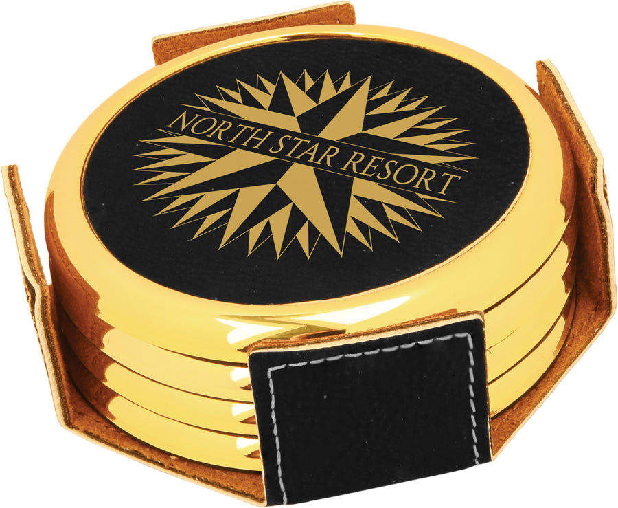 black and gold leatherette coaster set