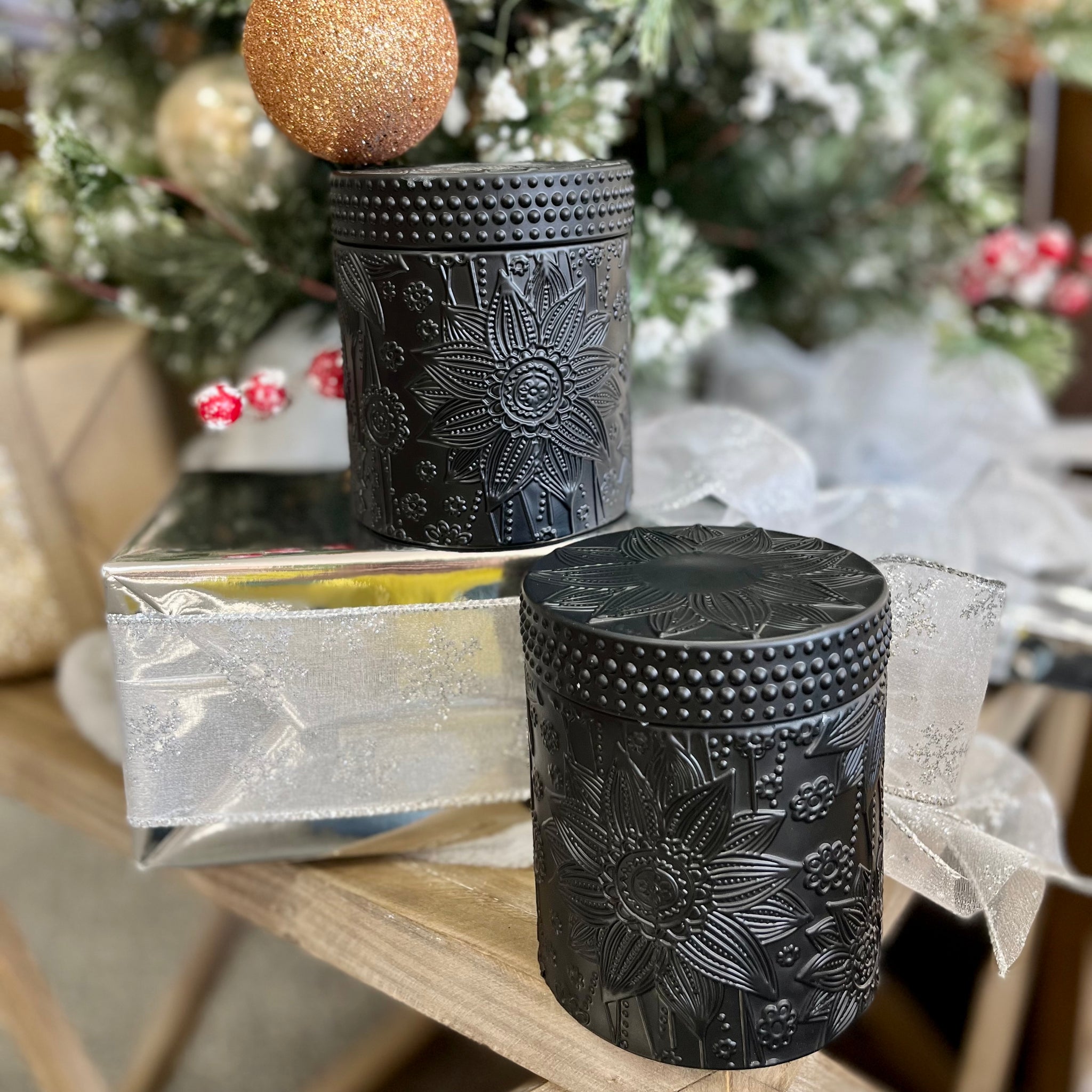Candle - Intricate Floral Matte Black Glass