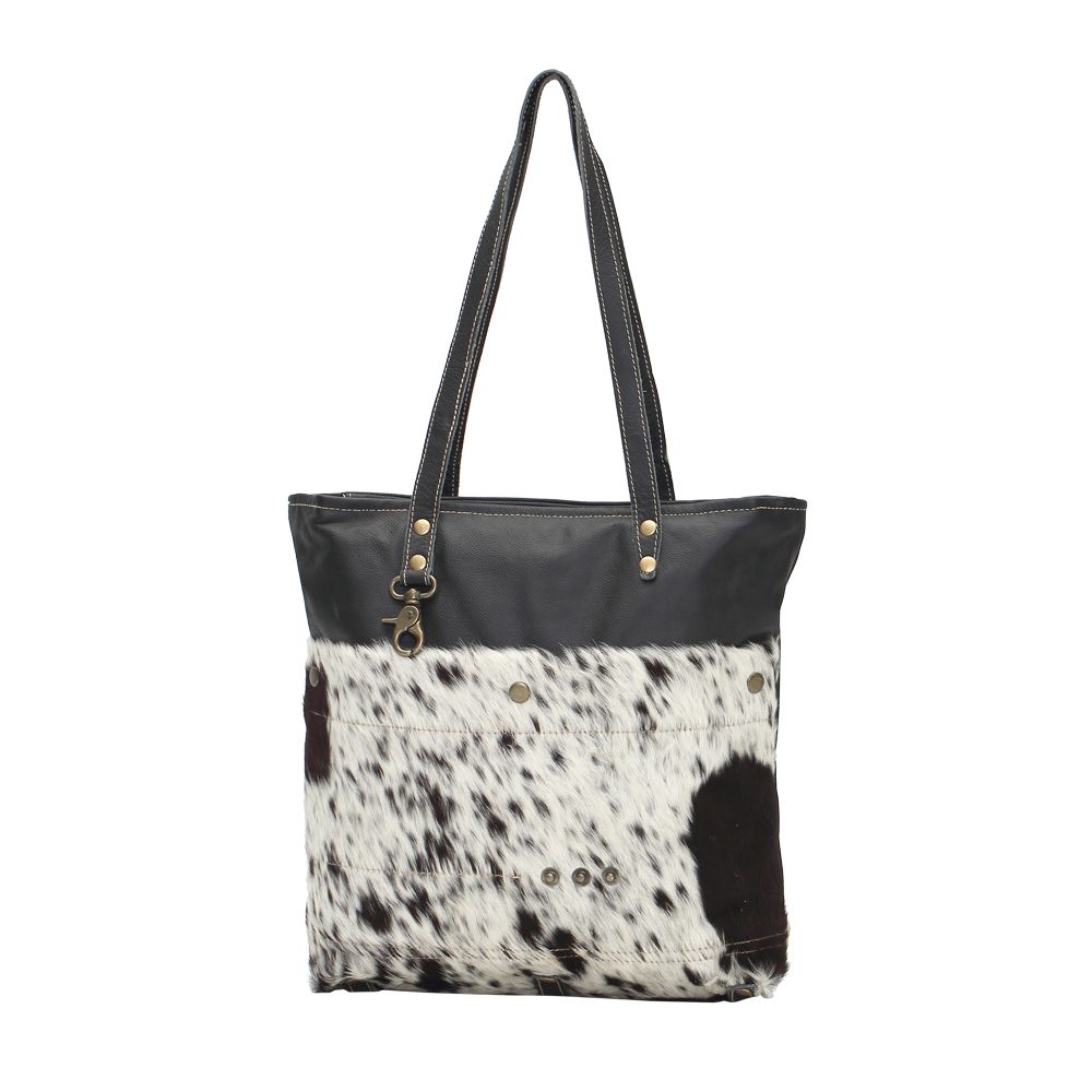 black and white cowhide leather tote bag