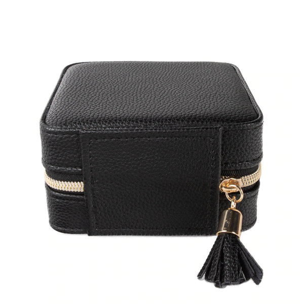 black vegan leather travel jewelry case with tassel