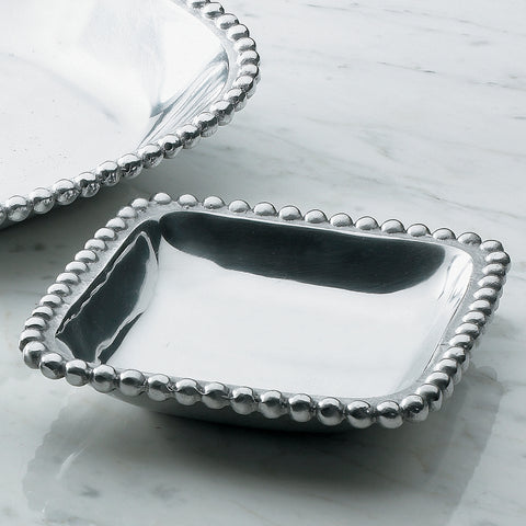 Small shiny silver square shaped tray with a beaded edge. Center of the tray can be engraved with a special message.