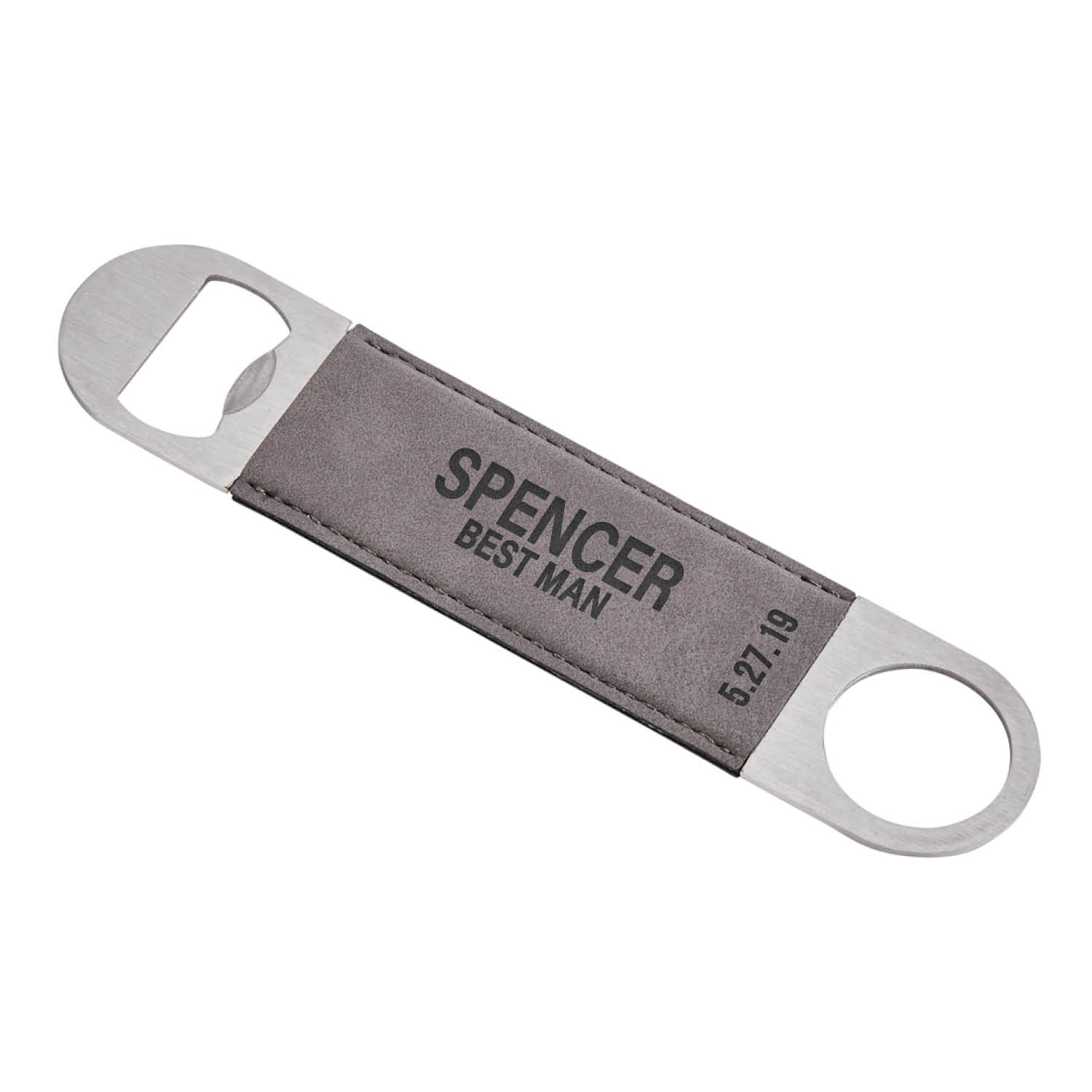Metal bottle opener with grey leatherette body that is enggraved with a "Best Man" and a name and date in black letters. 
