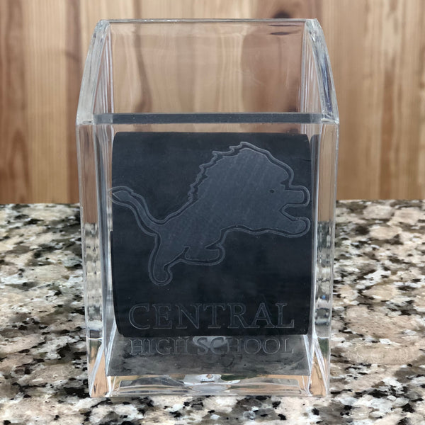 Engraved clear acrylic square pen cup