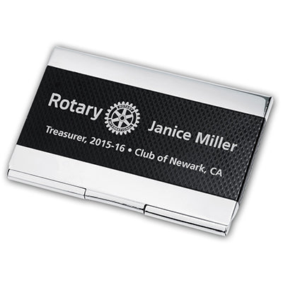 Shiny silver engraved business card holder with a large black checkered stripe running horizontally. 