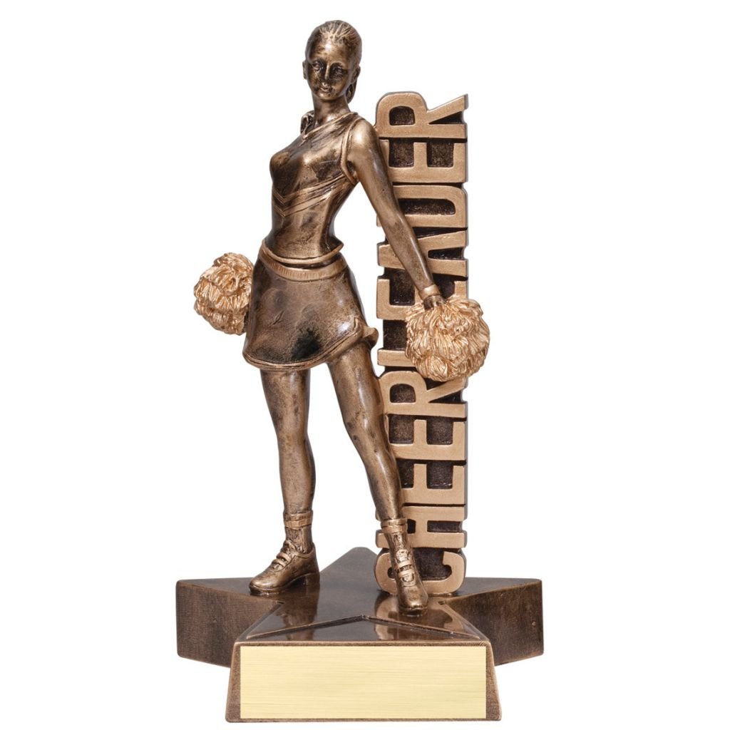 Bronze cheerleading resin featuring a star shaped base, a cheerleader with pom poms and the word "CHEERLEADER" displayed vertically.