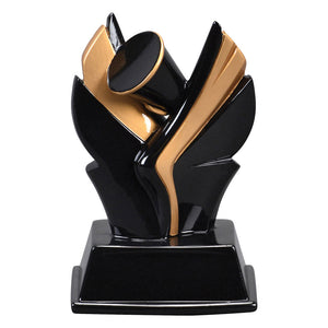 Cheerleading trophy featuring two black and gold wings holding up a megaphone on top of a black rectangular base.