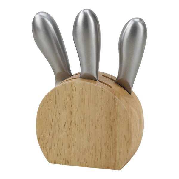 Cheese tool set including wooden block holder with three slots for three silver stainless steel cheese tools.
