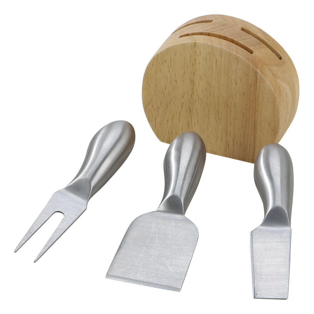Cheese tool set including wooden block holder with three slots for three silver stainless steel cheese tools.