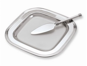 Small square shaped shiny silver tray with rounded edges and a glass liner insert. Silver serving knife is included. Center of the tray can be engraved with a special message.