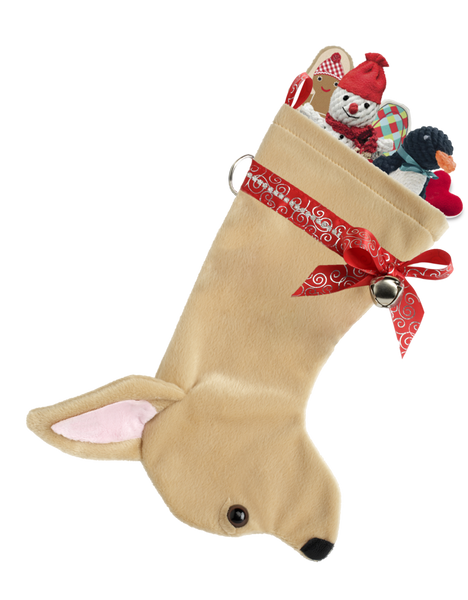 Tan chihuahua breed dog stocking featuring pointed ears and a red collar with a bell attached.