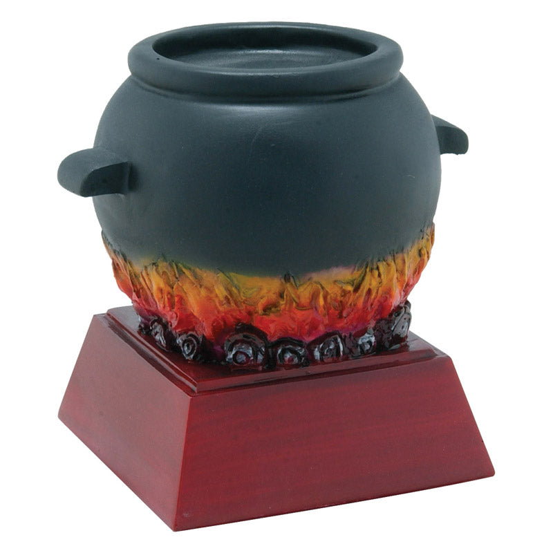 Chili cook off trophy featuring a red square base with a large black chili pot sitting on top. Logs and red orange fire are at the bottom of the chili pot.