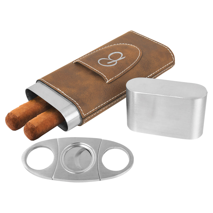 Personalized brown cigar case and cigar cutter.