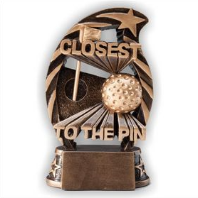 Bronze golf trophy featuring a golf ball, a flag, and reads "Closest To The Pin" There is a space on the base for an engraved plate to be attached.