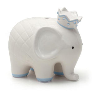 White and blue Child to Cherish Coco elephant piggy bank with crown.